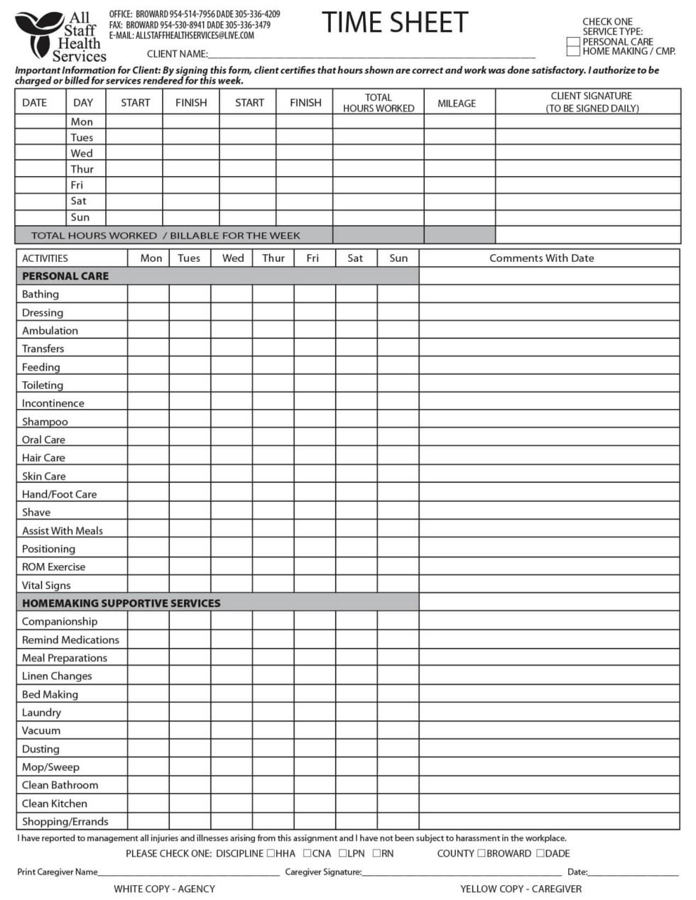 Time Sheet Caregivers - All Staff Health Services